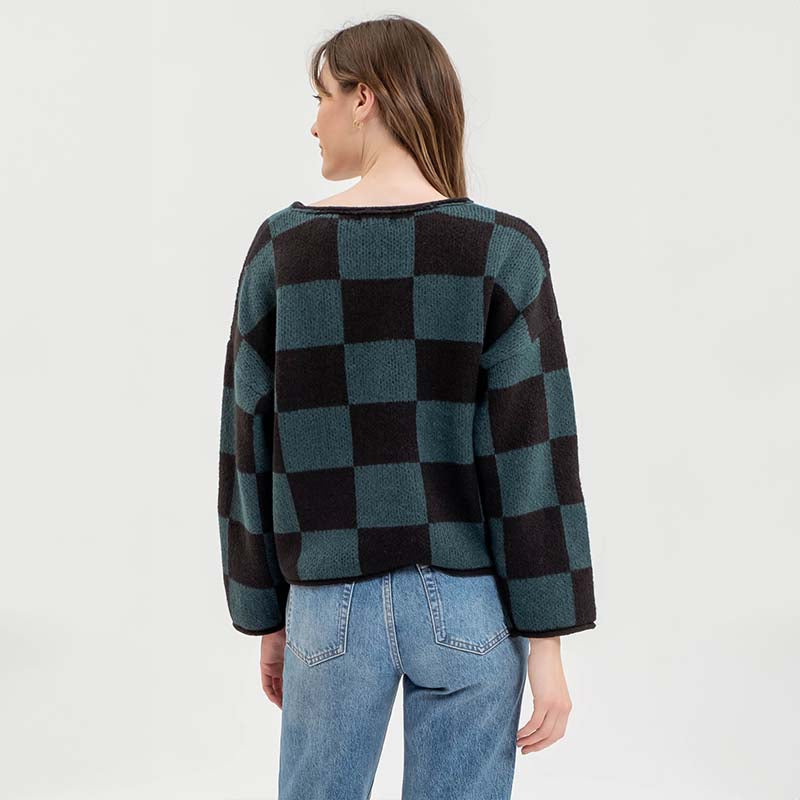 V Notch Checkered Sweater