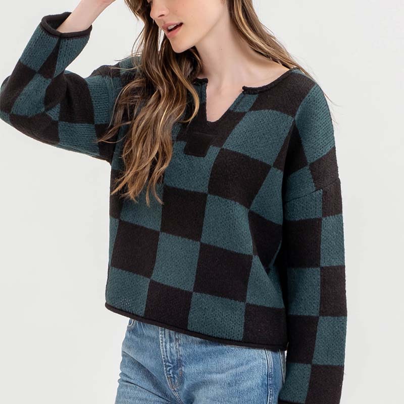 V Notch Checkered Sweater