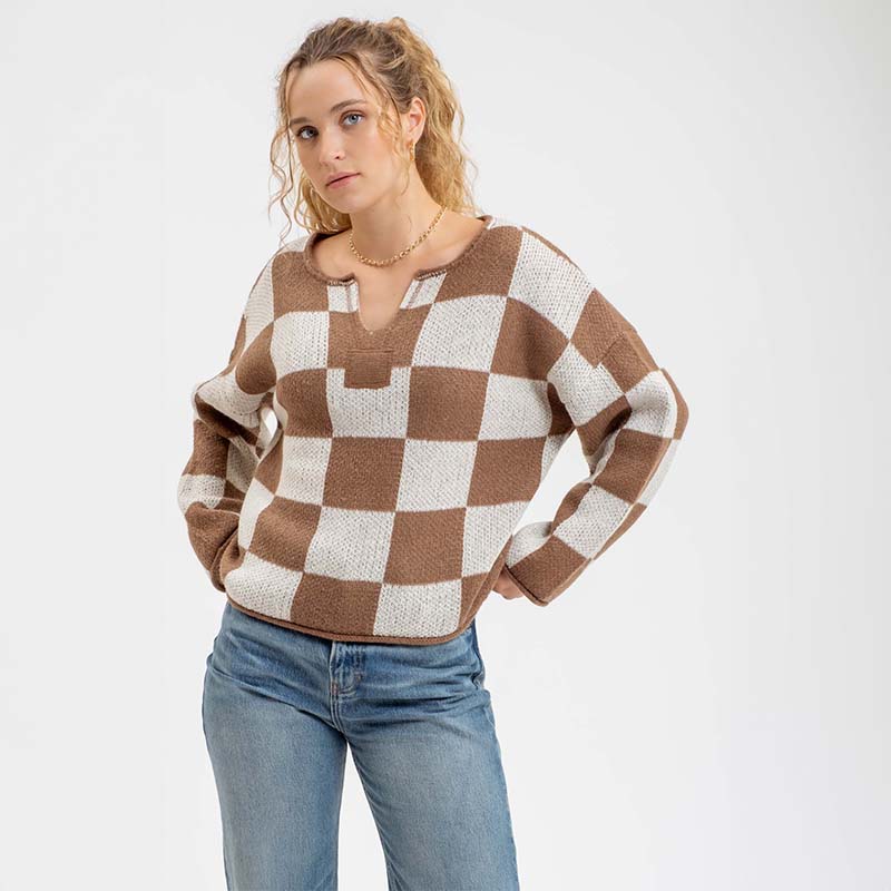 V Notch Checkered Sweater