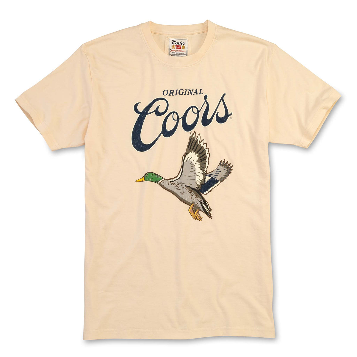 American Needle men&#39;s short sleeve t-shirt featuring the iconic Coors logo and a striking mallard in flight. Made from soft, breathable cotton, this tee offers comfort and a laid-back vibe, perfect for casual wear.  100% cotton, sizes S-XXL available.