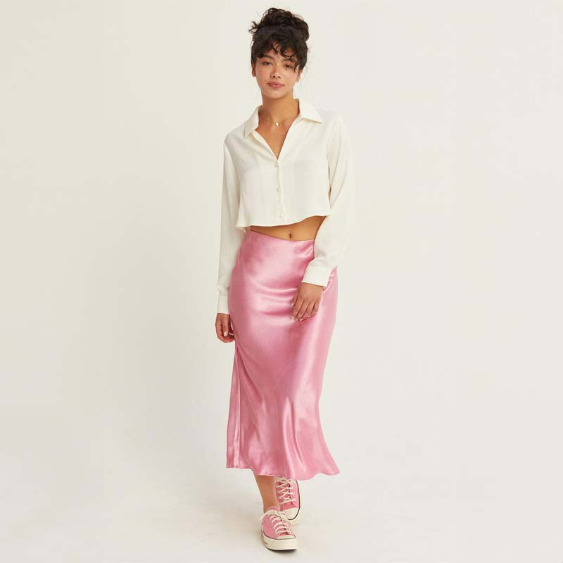 Satin Maxi Skirt in Rose Pink