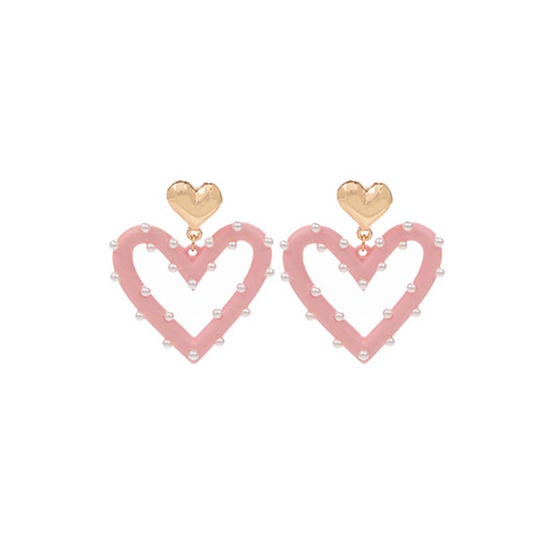 Pearl and Light Pink Heart Drop Earrings