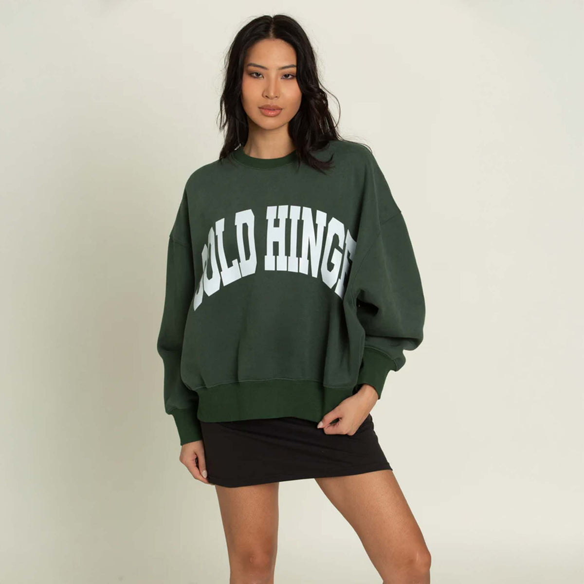 Front view of the Gold Hinge oversized crewneck sweatshirt featuring a relaxed fit, dropped shoulders, and ribbed cuffs and hem. Made from soft, heavyweight fabric for a cozy, casual look.