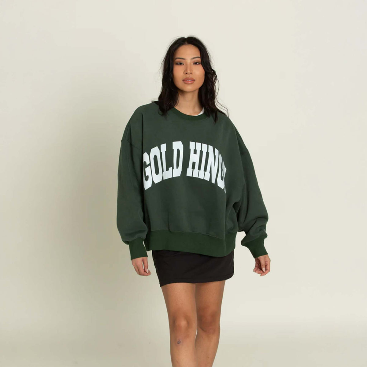 Front view of the Gold Hinge oversized crewneck sweatshirt featuring a relaxed fit, dropped shoulders, and ribbed cuffs and hem. Made from soft, heavyweight fabric for a cozy, casual look.