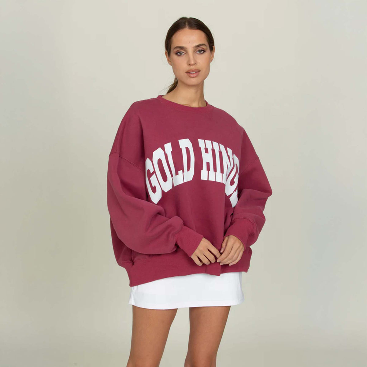 Front view of the Gold Hinge oversized crewneck sweatshirt featuring a relaxed fit, dropped shoulders, and ribbed cuffs and hem. Made from soft, heavyweight fabric for a cozy, casual look.
