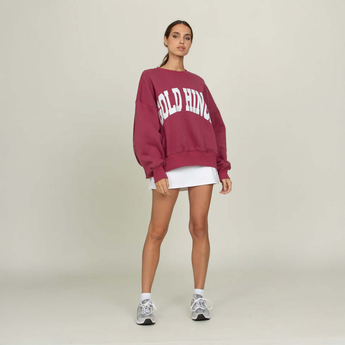 Front view of the Gold Hinge oversized crewneck sweatshirt featuring a relaxed fit, dropped shoulders, and ribbed cuffs and hem. Made from soft, heavyweight fabric for a cozy, casual look.