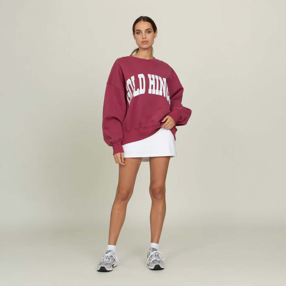 Front view of the Gold Hinge oversized crewneck sweatshirt featuring a relaxed fit, dropped shoulders, and ribbed cuffs and hem. Made from soft, heavyweight fabric for a cozy, casual look.