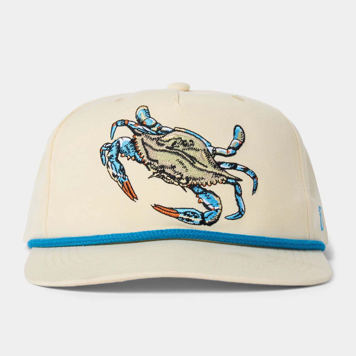 Crab Snapback hat by Duck Camp, color ivory, featuring an embroidered blue crab patch and blue rope cord stretching across the front.  The polyester shell fabric keeps this hat looking good season after season
