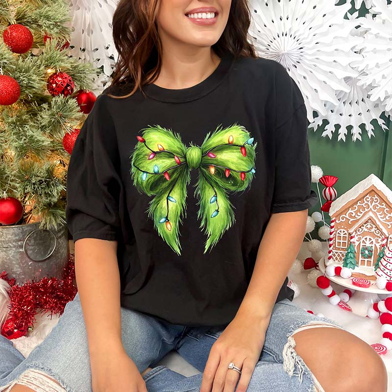 Green Fur Bow Short Sleeve T-Shirt