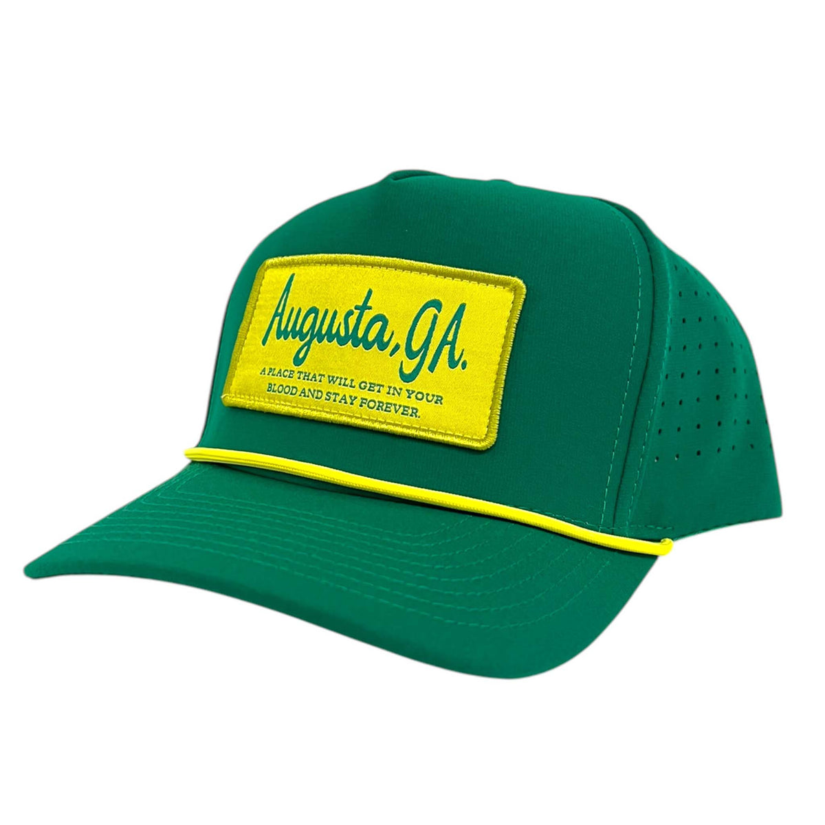 Front view of Augusta, GA hat by Happy by Rachel, color green, adjustable closure for comfortable fit.  This hat is a vibrant green and features a yellow patch with the words &quot;Augusta, GA&quot; in large letters and &quot;A place that will get in your blood and stay forever&quot; in small letters below.  A matching, bright yellow rope cord stretches across the bill adding a fun accent to this hat.
