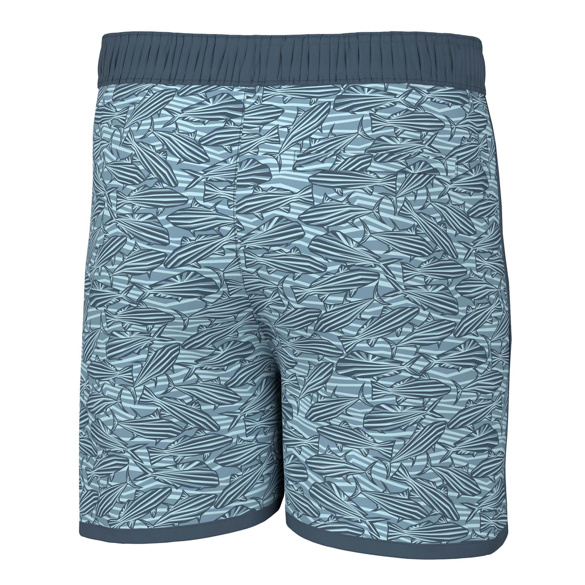 Back view - Local Boy Outfitters Wando swim trunks, color Impressions, Sizes S-XXL, 95% Nylon, 5% Elastane.  The Impressions pattern has shades of blue creating a geometric tropical fish pattern.  These trunks feature a mesh liner, Elastic waistband with drawstring, two side pockets, and one back pocket with snap button closure. There is a small Local Boy Outfitters logo on the bottom left pant leg.