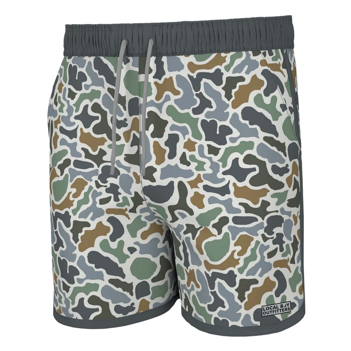 Front view - Local Boy Outfitters Wando swim trunks, color LocalFlage Bluff, Sizes S-XXL, 95% Nylon, 5% Elastane.  The LocalFlage Bluff pattern has shades of green, gray, and brown creating a camouflage that is a perfect fit for coastal landscapes.  These trunks feature a mesh liner, Elastic waistband with drawstring, two side pockets, and one back pocket with snap button closure. There is a small Local Boy Outfitters logo on the bottom left pant leg.