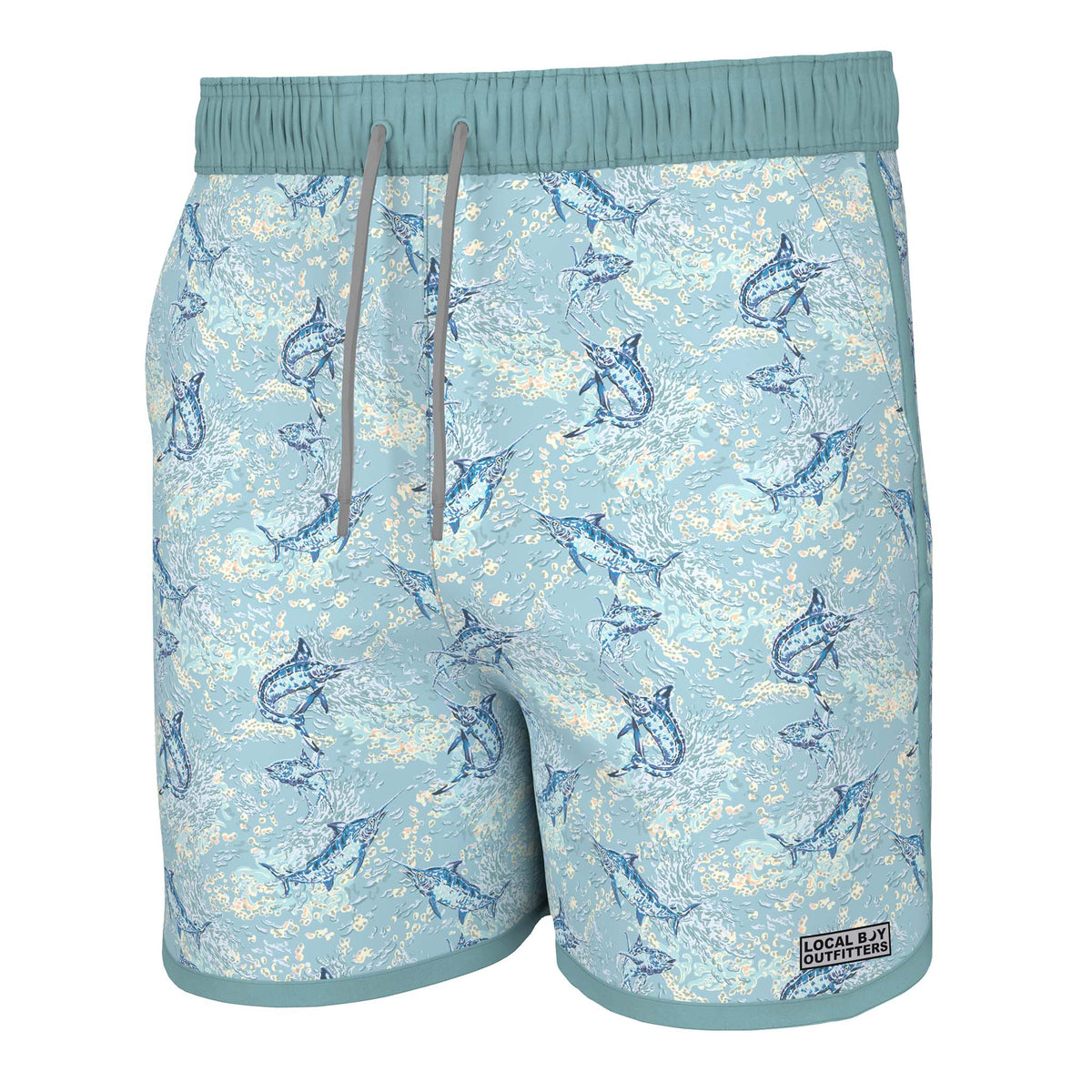 Front view - Local Boy Outfitters Wando swim trunks, color Offshore, Sizes S-XXL, 95% Nylon, 5% Elastane.  The Offshore pattern has shades of aqua green and cream with watercolor swordfish throughout.  These trunks feature a mesh liner, Elastic waistband with drawstring, two side pockets, and one back pocket with snap button closure. There is a small Local Boy Outfitters logo on the bottom left pant leg.