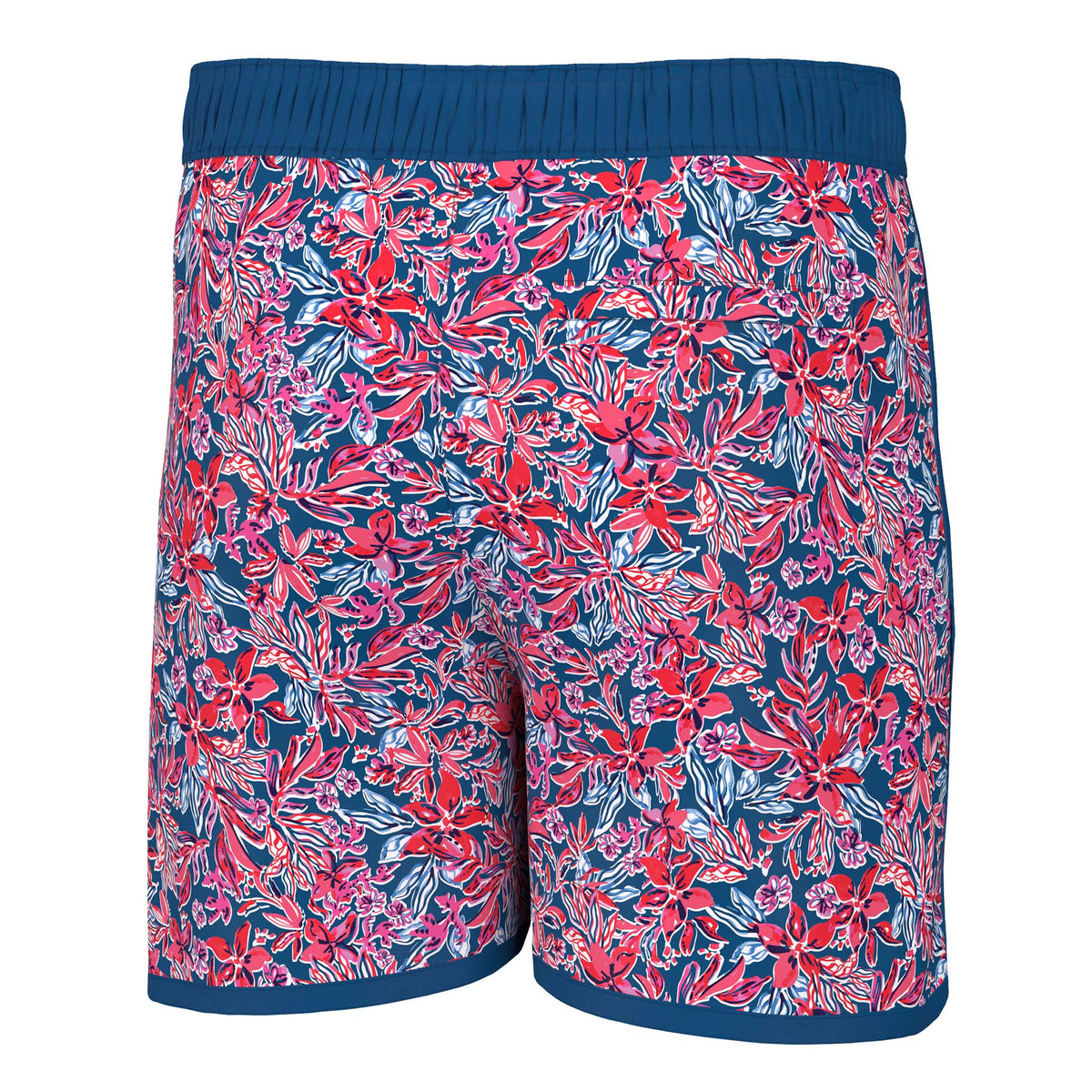 Back view - Local Boy Outfitters Wando swim trunks, color Tropical USA, Sizes S-XXL, 95% Nylon, 5% Elastane.  The Tropical USA pattern has a navy blue background with shades of red, blue, and white creating a tropical floral pattern.  These trunks feature a mesh liner, Elastic waistband with drawstring, two side pockets, and one back pocket with snap button closure. There is a small Local Boy Outfitters logo on the bottom left pant leg.