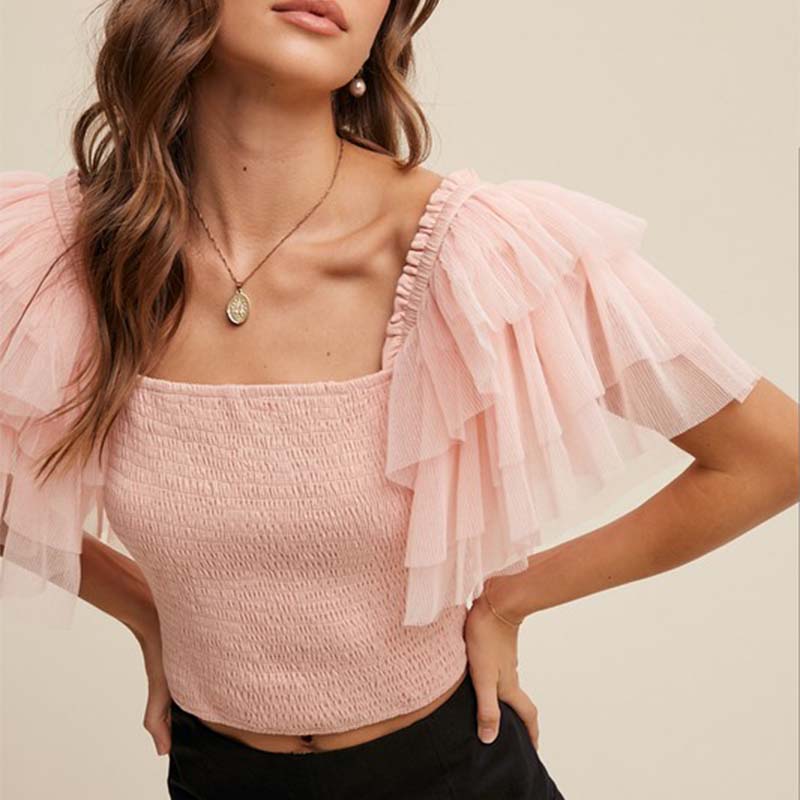 Short Sleeve Tulle Crop Top