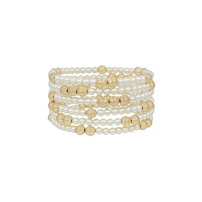 Thin Bead Gold and Pearl Bracelet Set