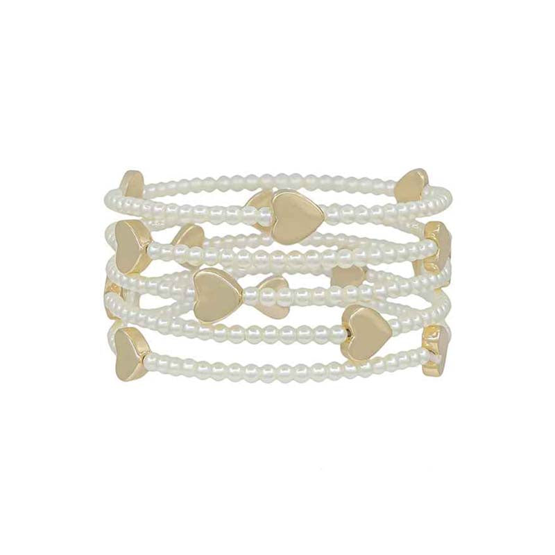 Pearl Gold Hearts Beaded Bracelet Set