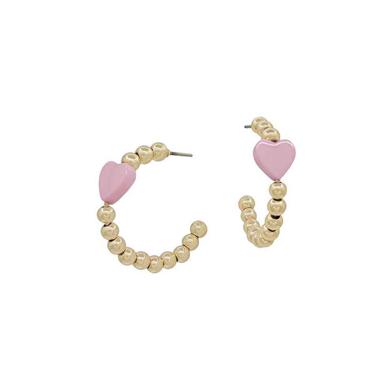 Pink and Gold Beaded Heart Earrings