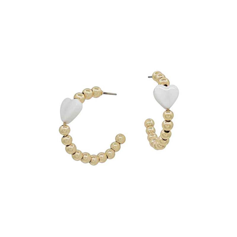 White and Gold Beaded Heart Earrings