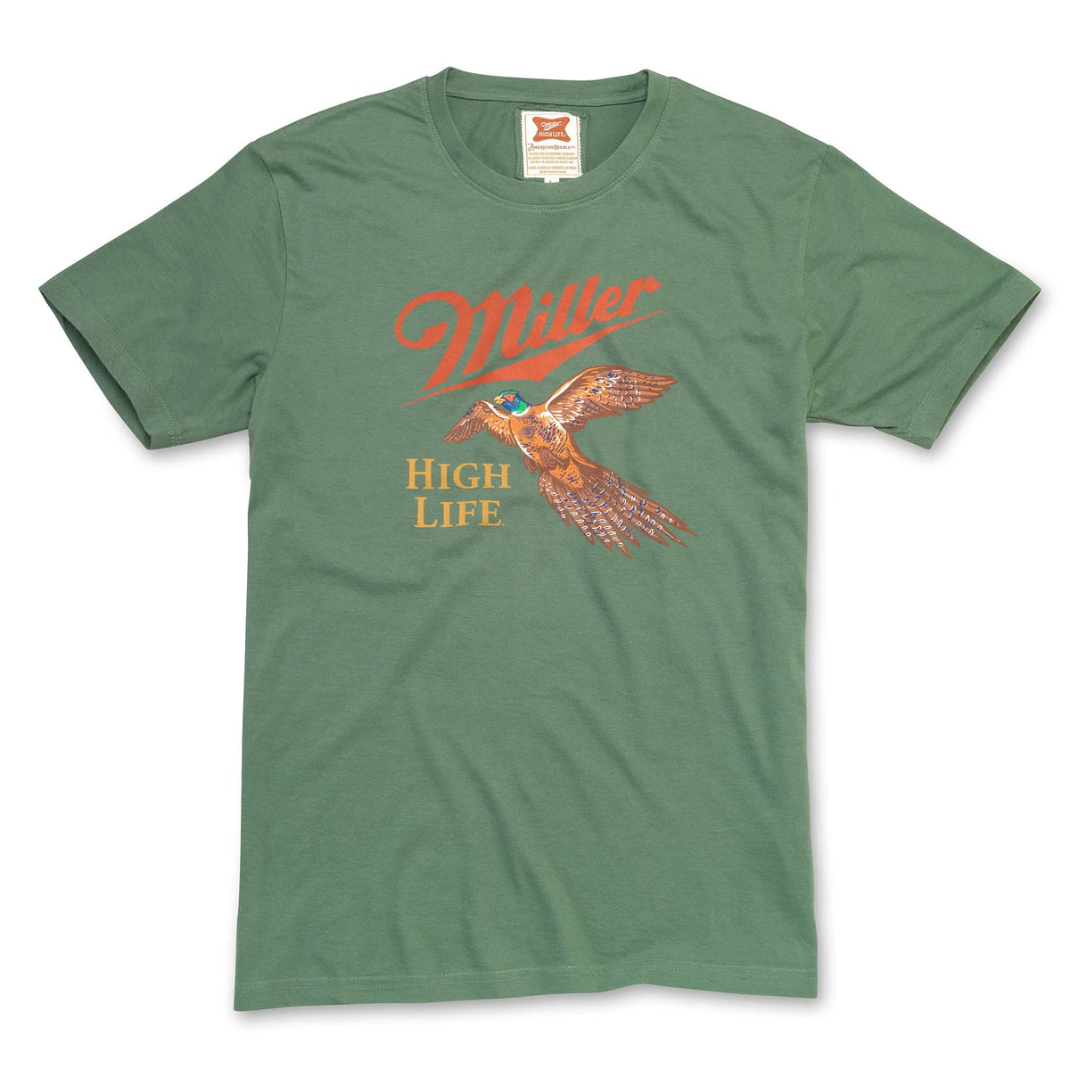This Miller High Life short sleeve t-shirt features a cool pheasant in flight design, paired with the iconic logo for a vintage vibe. Made from soft, breathable fabric, it&#39;s the perfect blend of comfort and style for any casual outing. Color green, Sizes S-XXL, 100% cotton