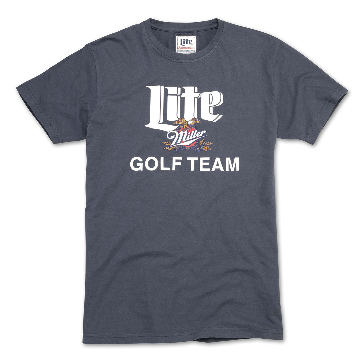 Make a statement in this Miller Lite Golf Team short sleeve t-shirt. Made from soft, breathable fabric, it&#39;s the perfect blend of comfort and style for any casual outing. Color navy, sizes S-XXL, 100% cotton.