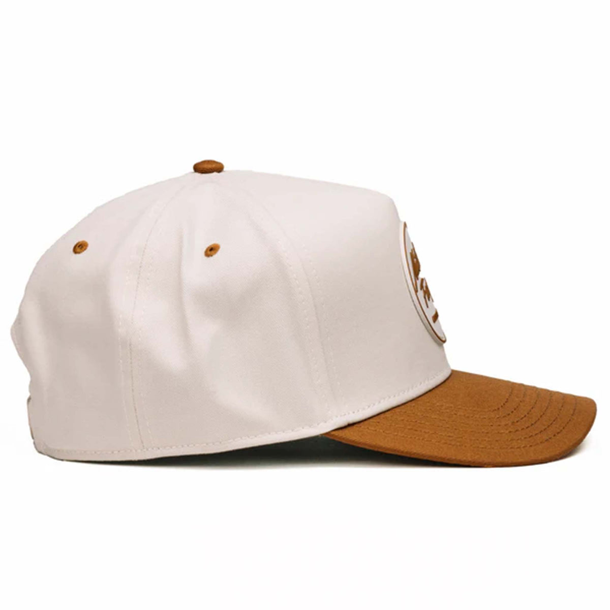 Two-toned 5-panel high crown trucker hat with an off-white front and rust-colored pre-curved bill. Features an off-white and rust rubber &#39;Nuthin’ Fancy&#39; patch on the front, rust mesh back panels, and an adjustable plastic snapback closure. One size fits most.