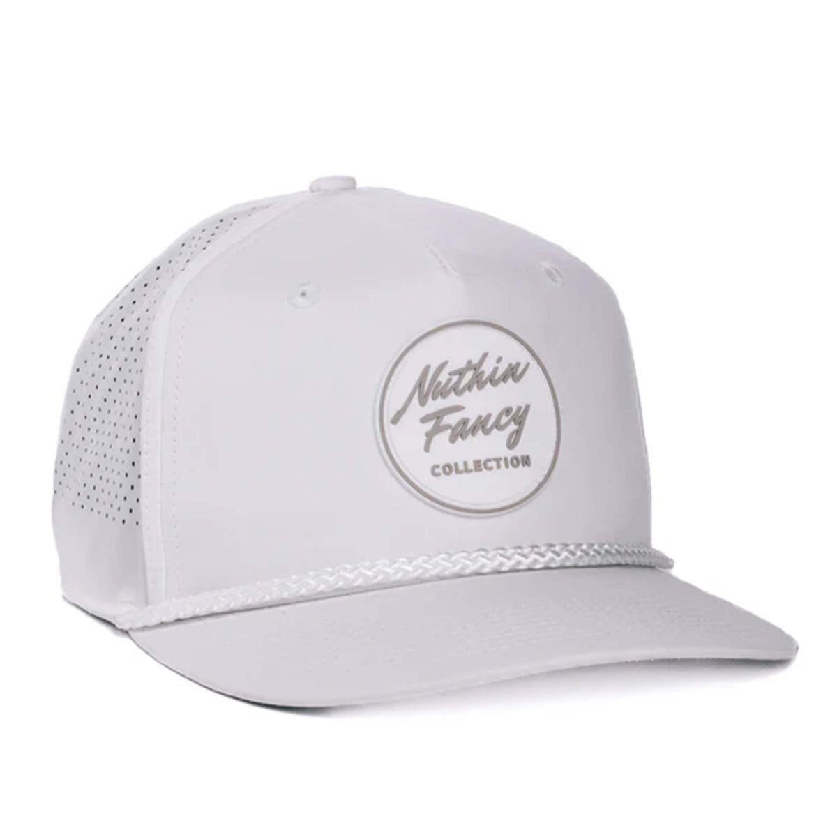 Black performance trucker hat made from moisture-wicking fabric, featuring laser perforated side and back panels for breathability. Includes a white-accented rubber &#39;Nuthin’ Fancy&#39; patch on the front, a stylish black rope detail above the pre-curved bill, and an adjustable plastic snapback closure. One size fits most (58 cm).
