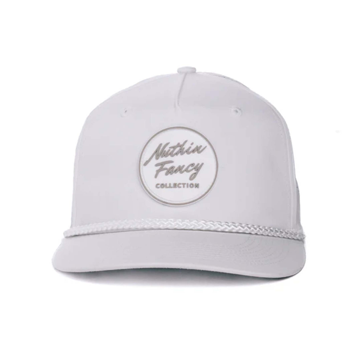 Black performance trucker hat made from moisture-wicking fabric, featuring laser perforated side and back panels for breathability. Includes a white-accented rubber &#39;Nuthin’ Fancy&#39; patch on the front, a stylish black rope detail above the pre-curved bill, and an adjustable plastic snapback closure. One size fits most (58 cm).
