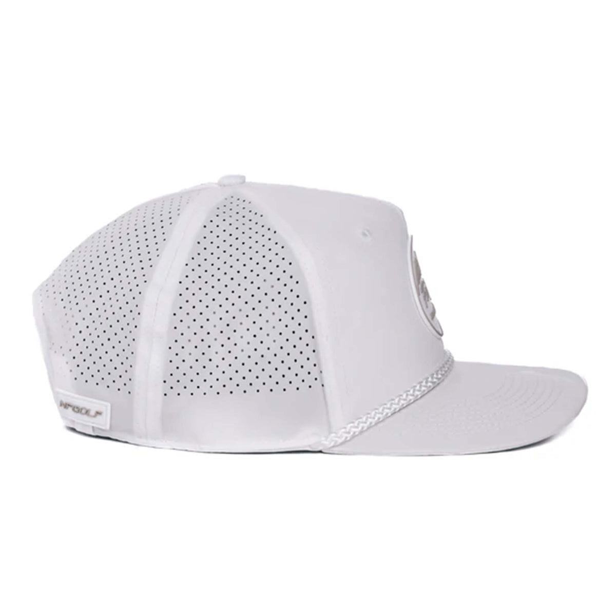 Black performance trucker hat made from moisture-wicking fabric, featuring laser perforated side and back panels for breathability. Includes a white-accented rubber &#39;Nuthin’ Fancy&#39; patch on the front, a stylish black rope detail above the pre-curved bill, and an adjustable plastic snapback closure. One size fits most (58 cm).