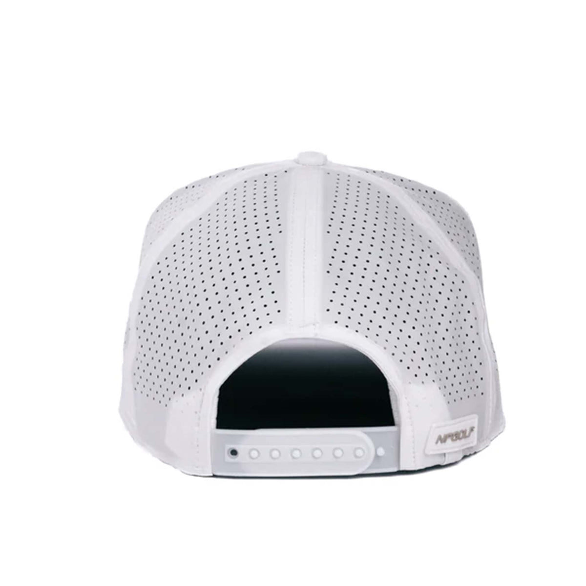 Black performance trucker hat made from moisture-wicking fabric, featuring laser perforated side and back panels for breathability. Includes a white-accented rubber &#39;Nuthin’ Fancy&#39; patch on the front, a stylish black rope detail above the pre-curved bill, and an adjustable plastic snapback closure. One size fits most (58 cm).