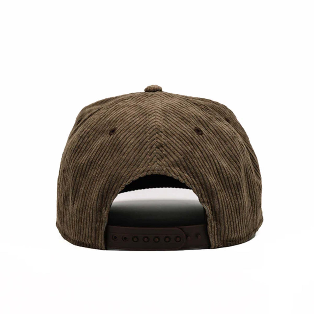 Tan corduroy snapback hat with a slightly curved bill and a brown and tan rubber &#39;Nuthin’ Fancy&#39; logo patch on the front. Features a decorative rope detail above the bill and an adjustable plastic snap closure. One size fits most (58 cm).