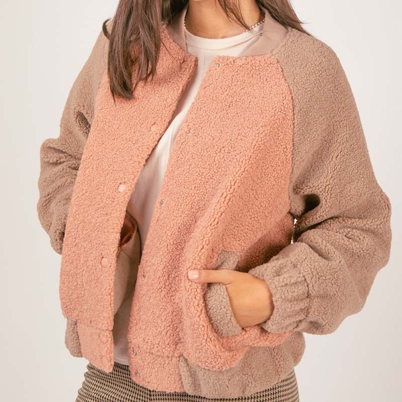 Color Block Fleece Bomber Jacket in Cocoa