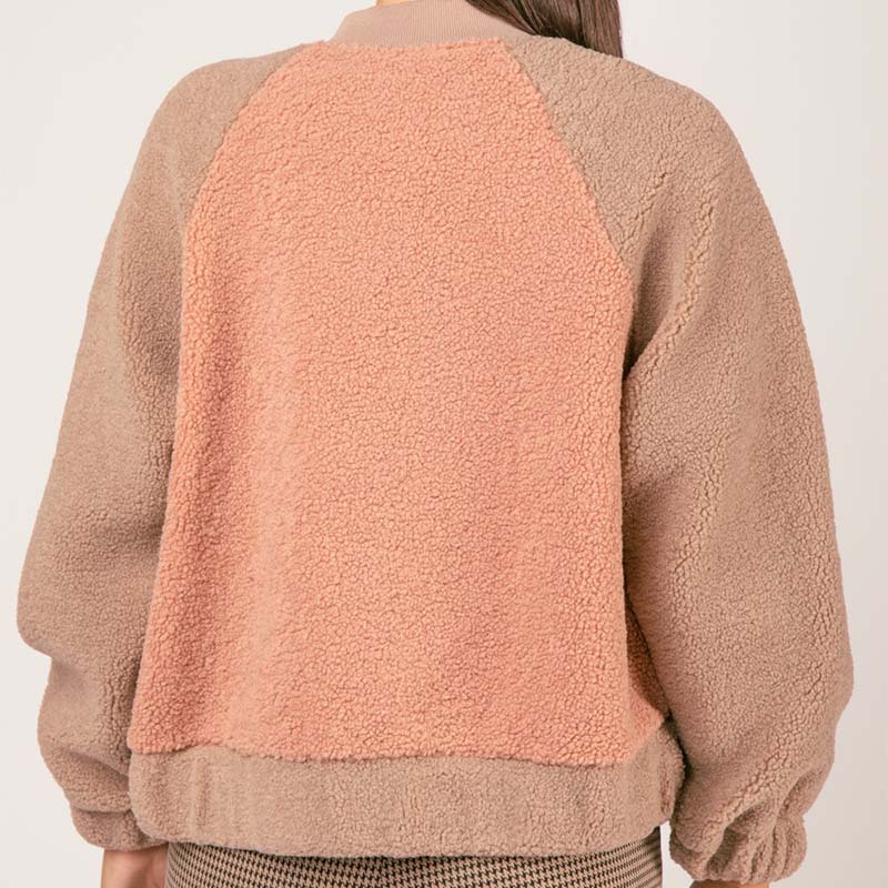 Color Block Fleece Bomber Jacket in Cocoa