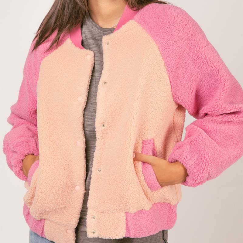 Color Block Fleece Bomber Jacket in Pink