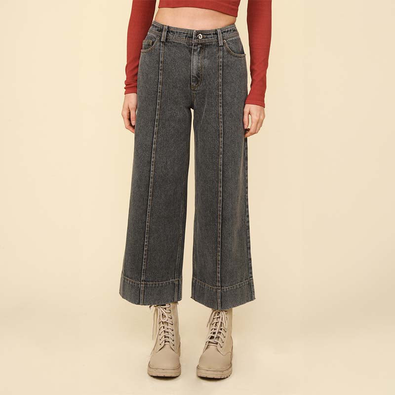 Wide Leg Seam Detail Denim Pants