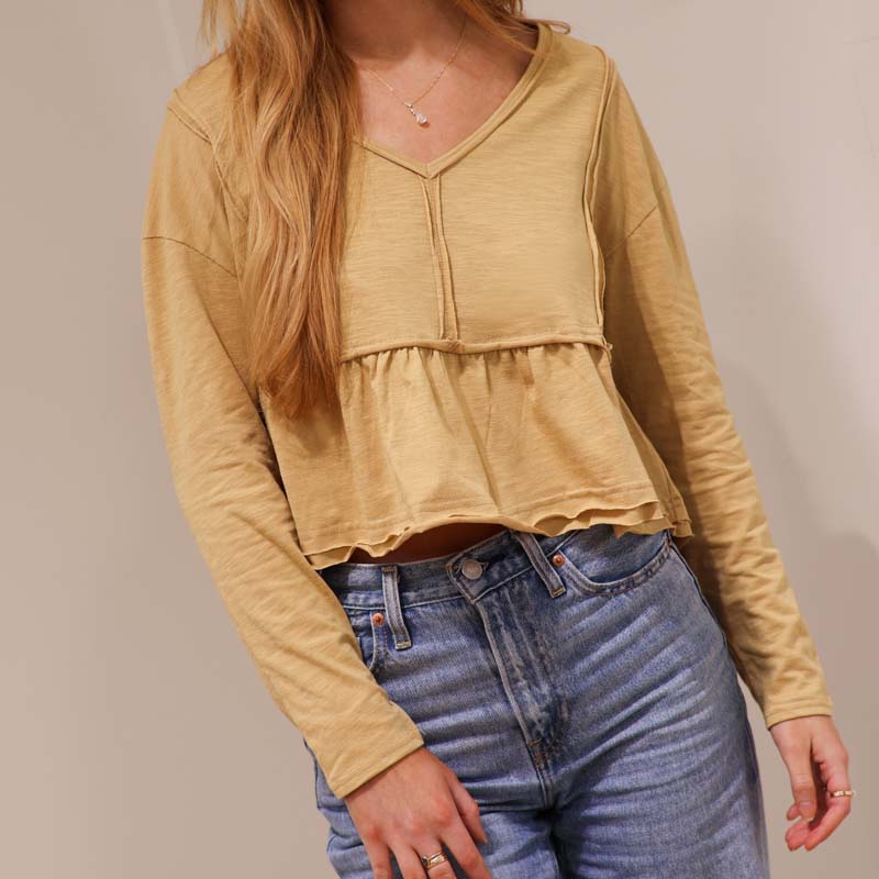 Babydoll Long Sleeve Crop Top in Taupe