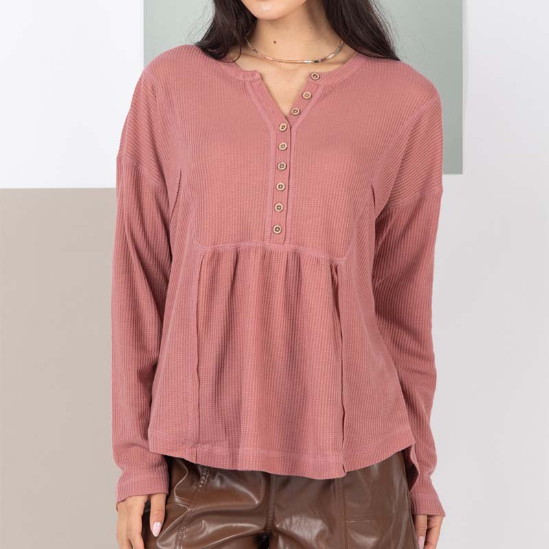 Babydoll Long Sleeve Henley in Brick