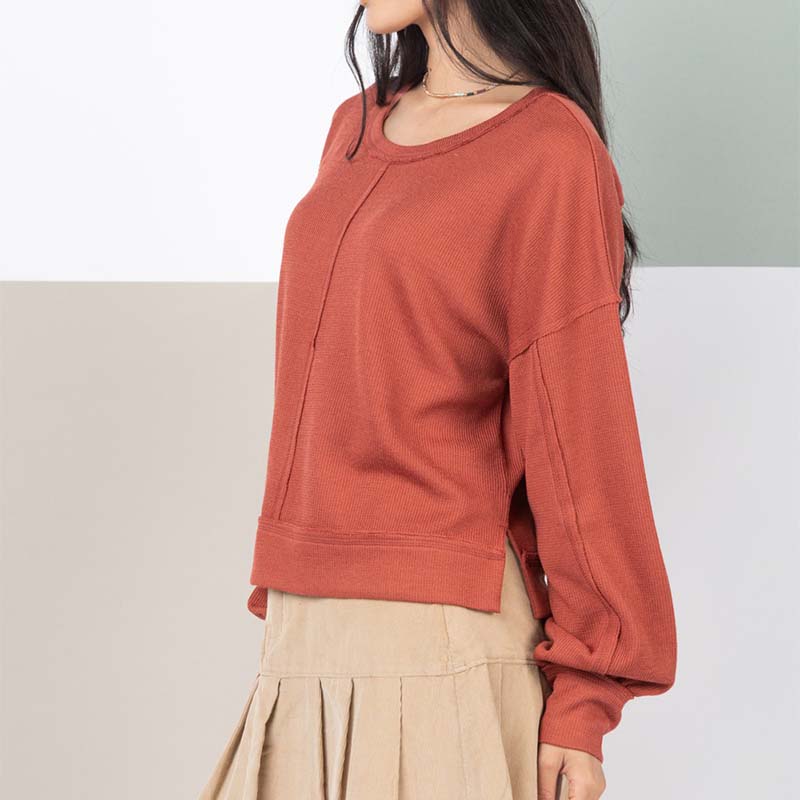 Ribbed Square Back Long Sleeve Pullover Top in rust