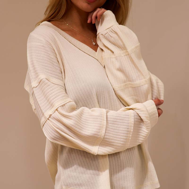 V-Neck Balloon Long Sleeve T-Shirt in Cream