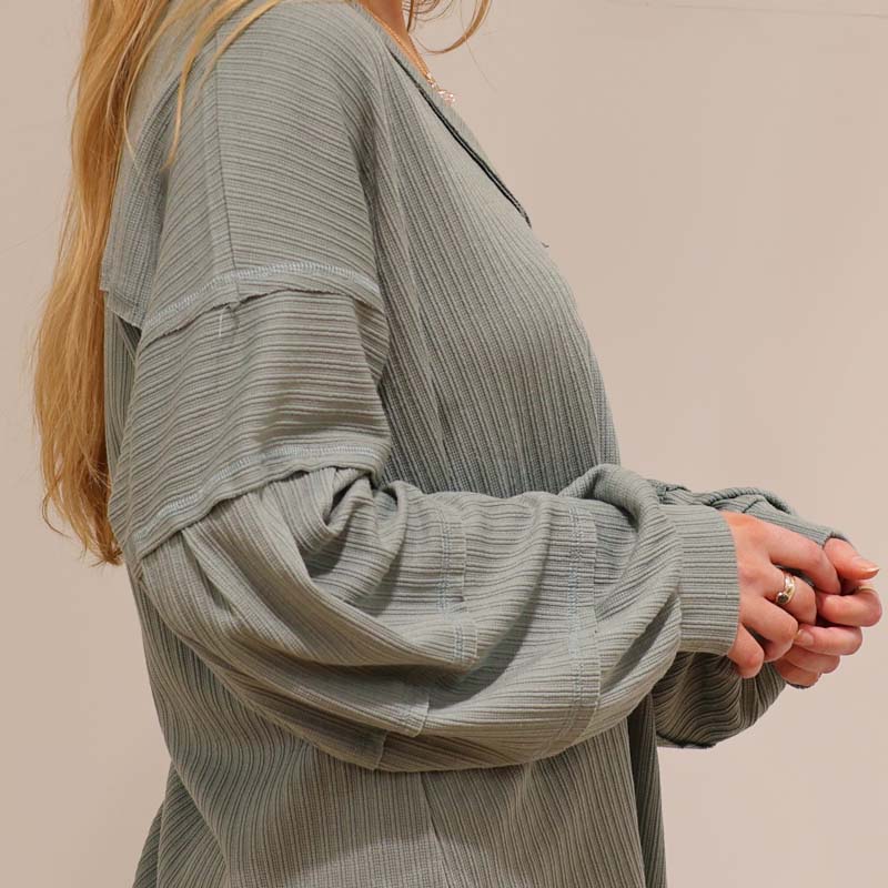 V-Neck Balloon Long Sleeve T-Shirt in Sage