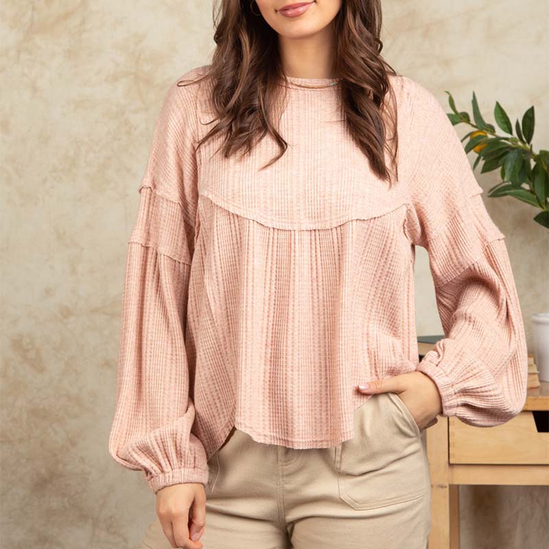 Waffle Knit Long Sleeve Babydoll Top in Blush