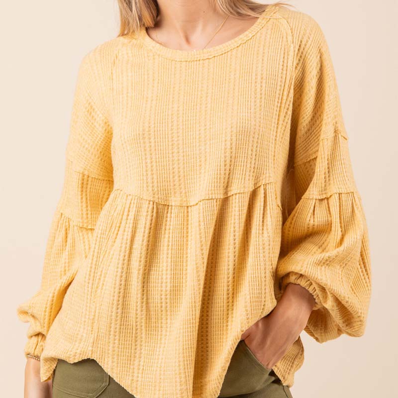 Waffle Knit Long Sleeve Babydoll Top in Butter