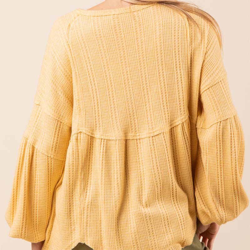 Waffle Knit Long Sleeve Babydoll Top in Butter