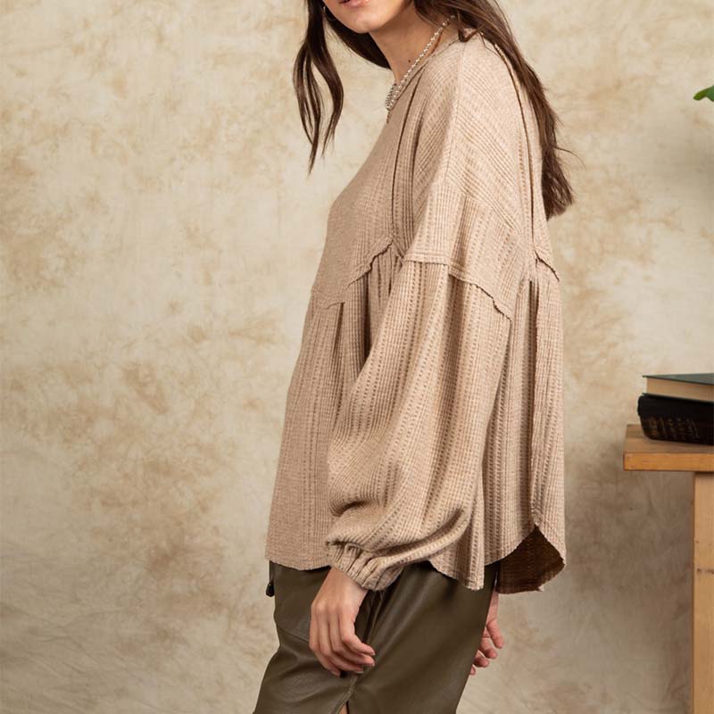 Waffle Knit Long Sleeve Babydoll Top in Oatmeal