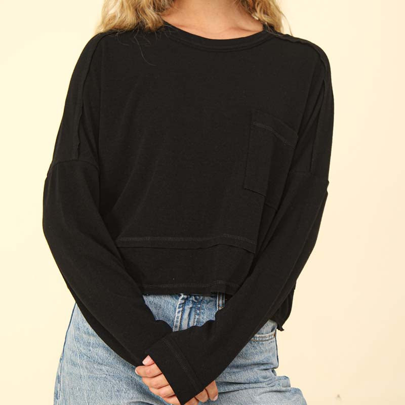 Relaxed Long Sleeve Pocket Top in Black