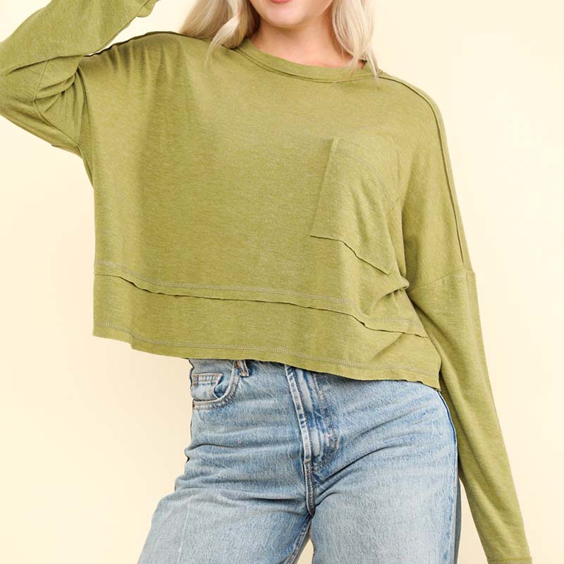 Relaxed Long Sleeve Pocket Top in Green