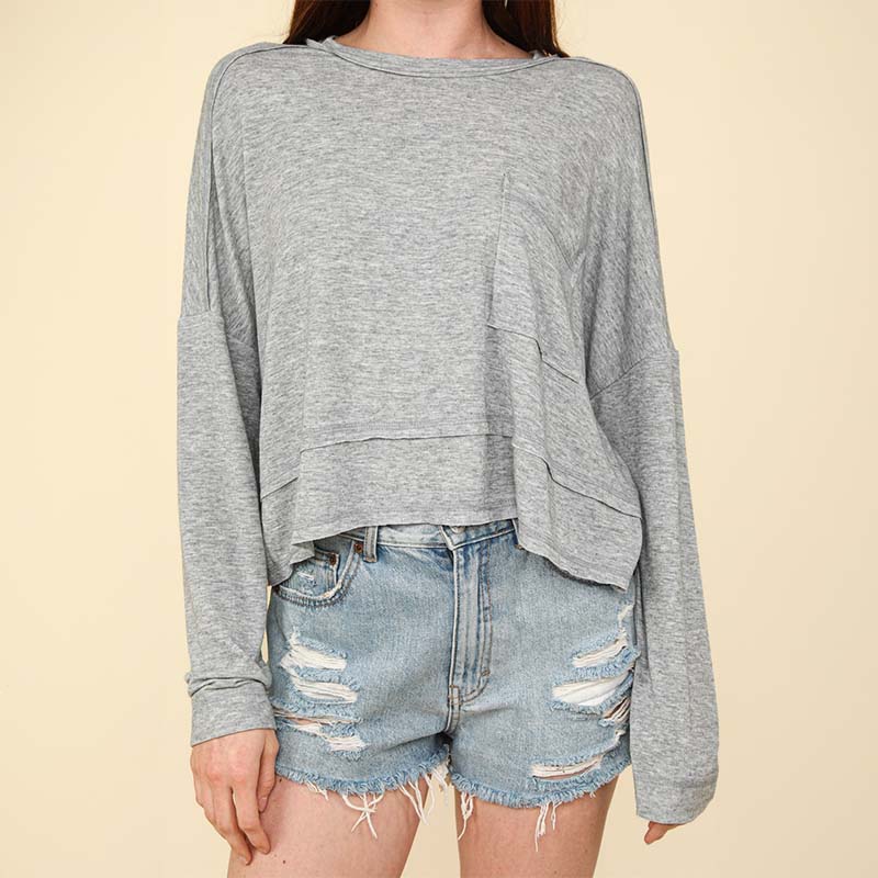 Relaxed Long Sleeve Pocket Top in Grey