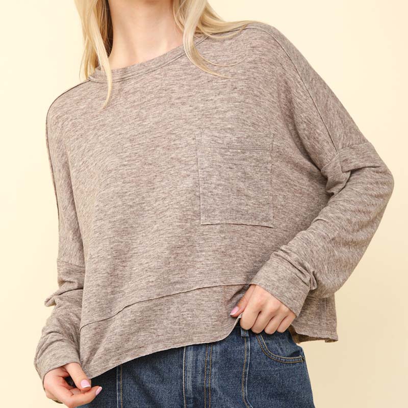 Relaxed Long Sleeve Pocket Top in Mocha