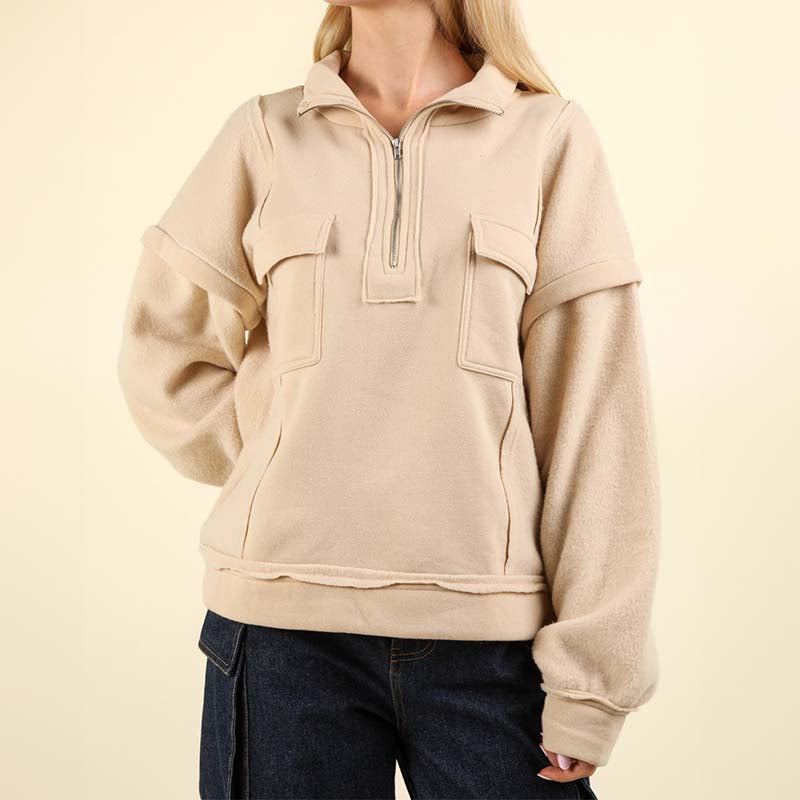 Two Pocket Quarter Zip Pullover in Cream