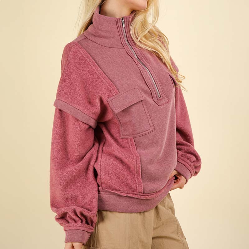 Two Pocket Quarter Zip Pullover in Mauve